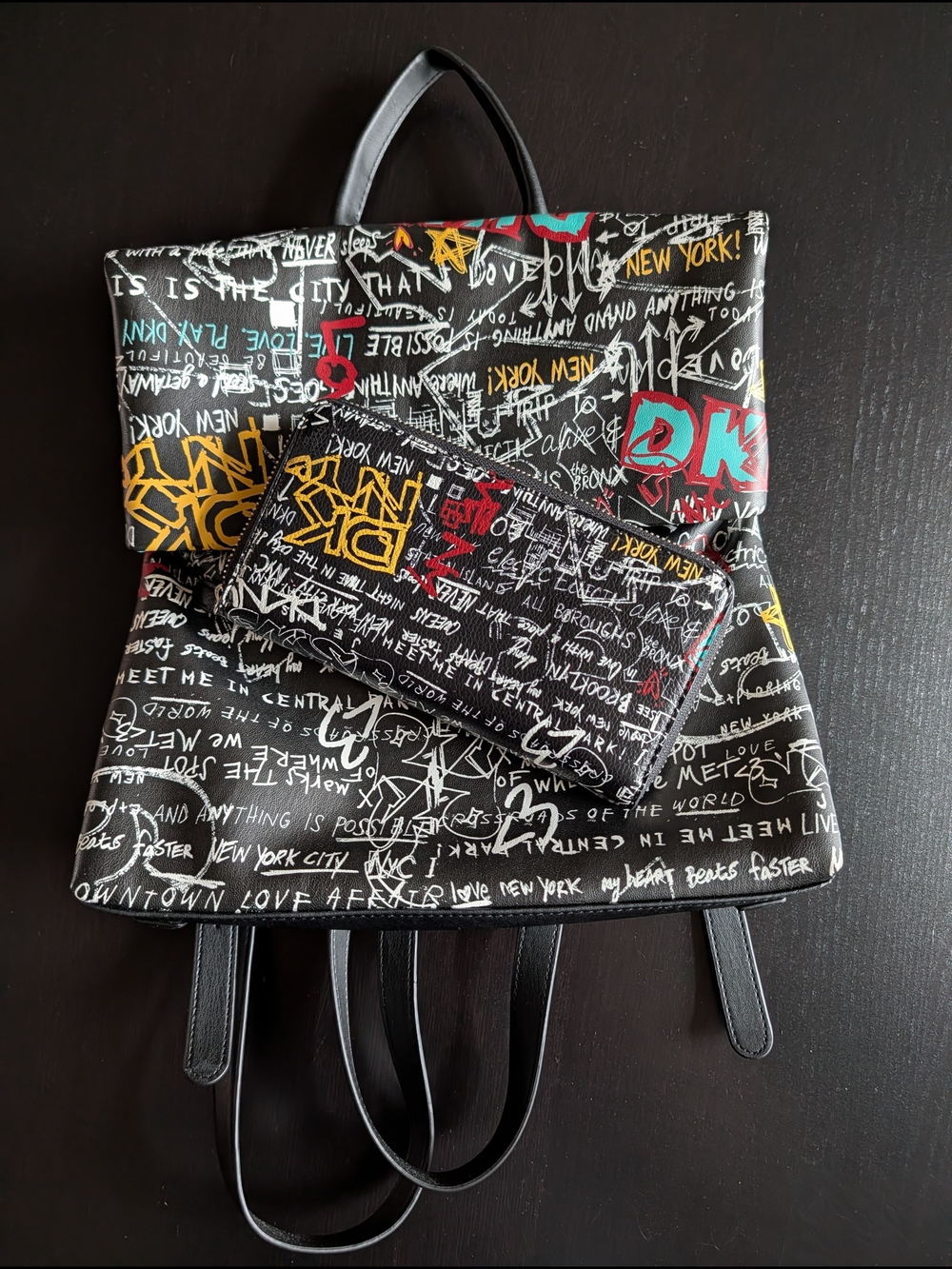 DKNY Black Graffiti Handbag/Backpack With Matching Wallet